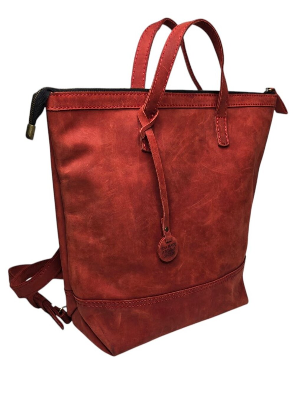 Large Convertible Tote Backpack Red Distressed Suede with Trolley Sleeve